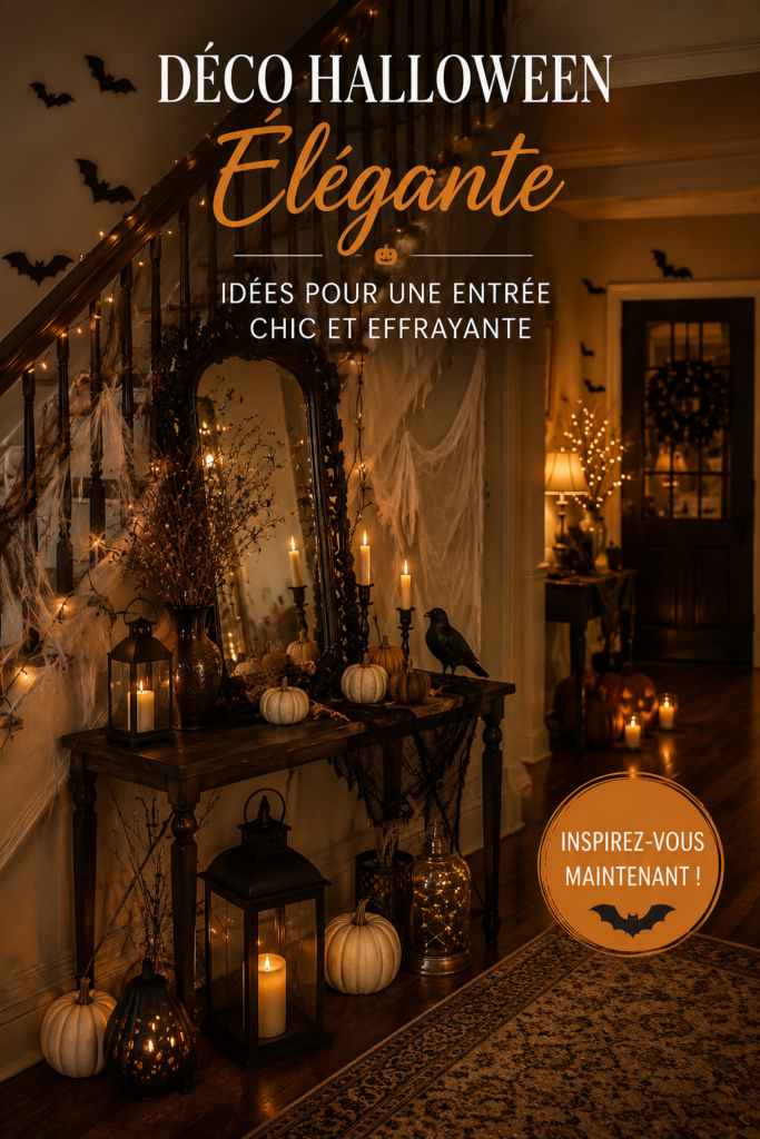 Entrée de maison décorée pour Halloween avec des éléments élégants et raffinés.