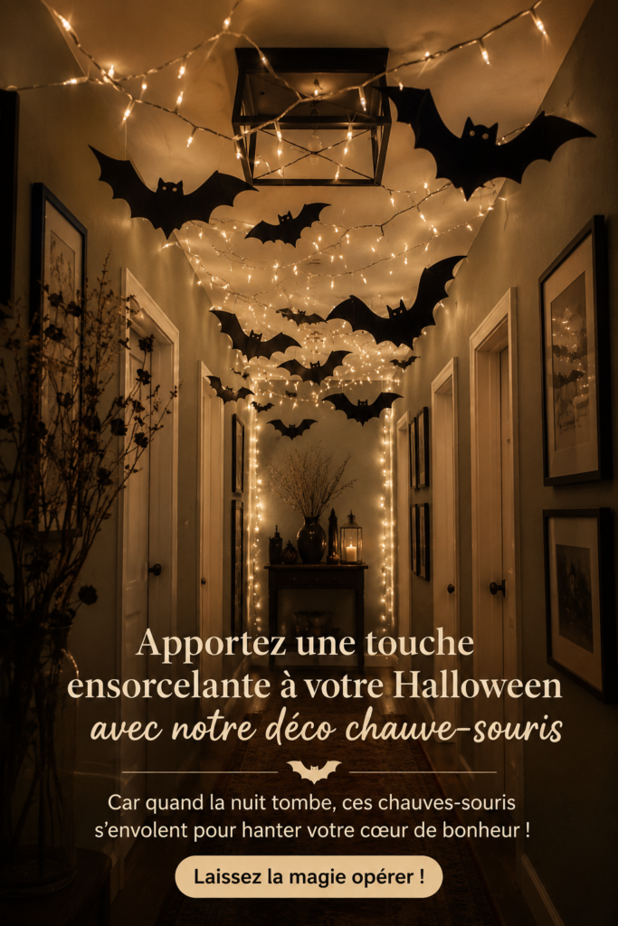 Décoration d'Halloween avec des chauves-souris dans un jardin éclairé