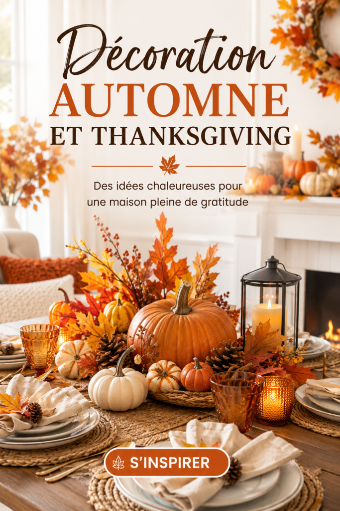 Table décorée avec des éléments d'automne et préparatifs pour Thanksgiving