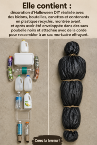 Décorations d'Halloween creatées à partir de matériaux recyclés, présentées de manière artistique et terrifiante