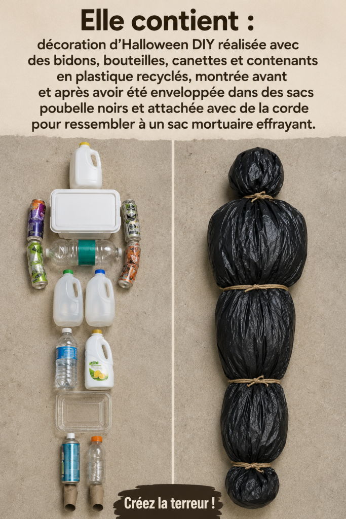 Décorations d'Halloween creatées à partir de matériaux recyclés, présentées de manière artistique et terrifiante