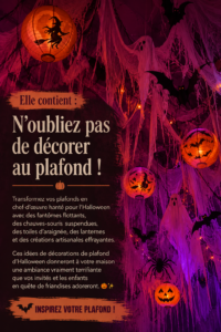 Plafond décoré avec des fantômes et des toiles d'araignées pour Halloween.
