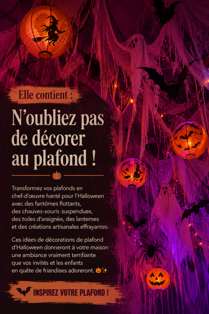 Plafond décoré avec des fantômes et des toiles d'araignées pour Halloween.