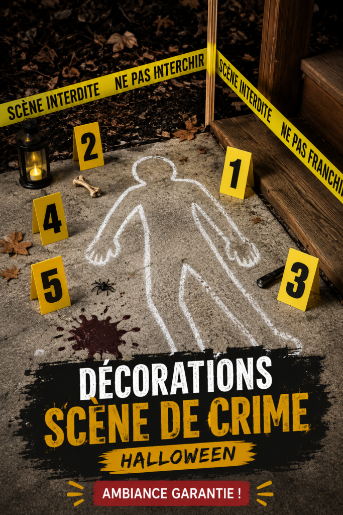 Une décoration de scène de crime pour Halloween avec des accessoires terrifiants
