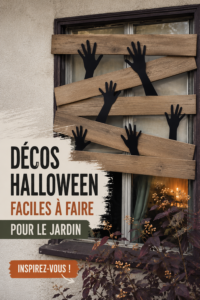 Jardin décoré avec des éléments d'Halloween DIY, ambiance accueillante et spooky.