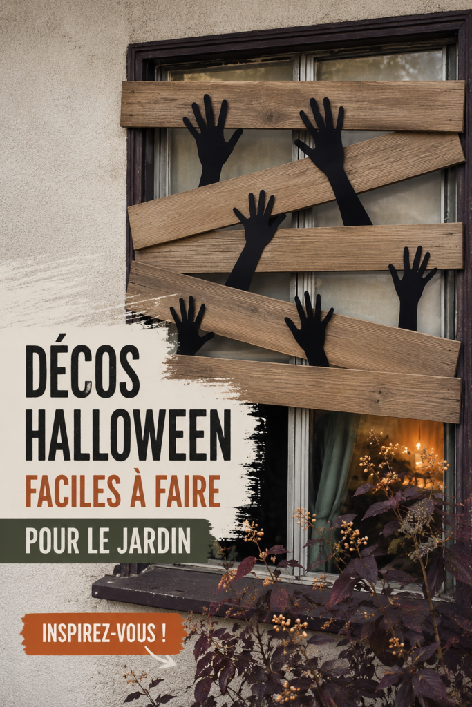 Jardin décoré avec des éléments d'Halloween DIY, ambiance accueillante et spooky.