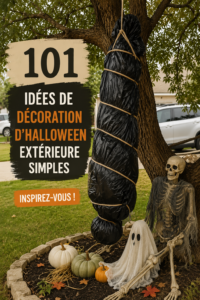 Jardin décoré avec des éléments terrifiants pour Halloween.