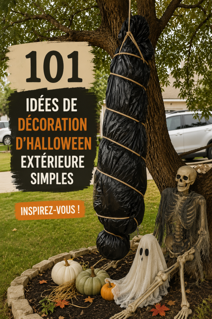 Jardin décoré avec des éléments terrifiants pour Halloween.