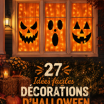 Exemples de décorations d'Halloween faites maison, incluant citrouilles et guirlandes effrayantes.