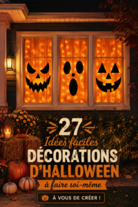 Exemples de décorations d'Halloween faites maison, incluant citrouilles et guirlandes effrayantes.