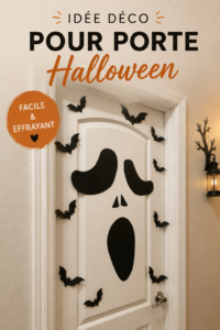 Porte décorée avec des éléments d'Halloween comme des toiles d'araignée et des citrouilles.