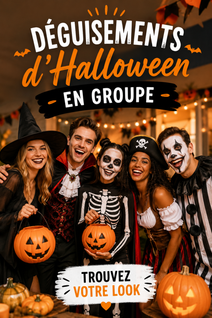 Groupe d'amis déguisés en costumes d'Halloween colorés, souriants