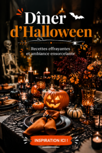 Table décorée pour un dîner d'Halloween avec des décorations thématiques et des plats apétissants