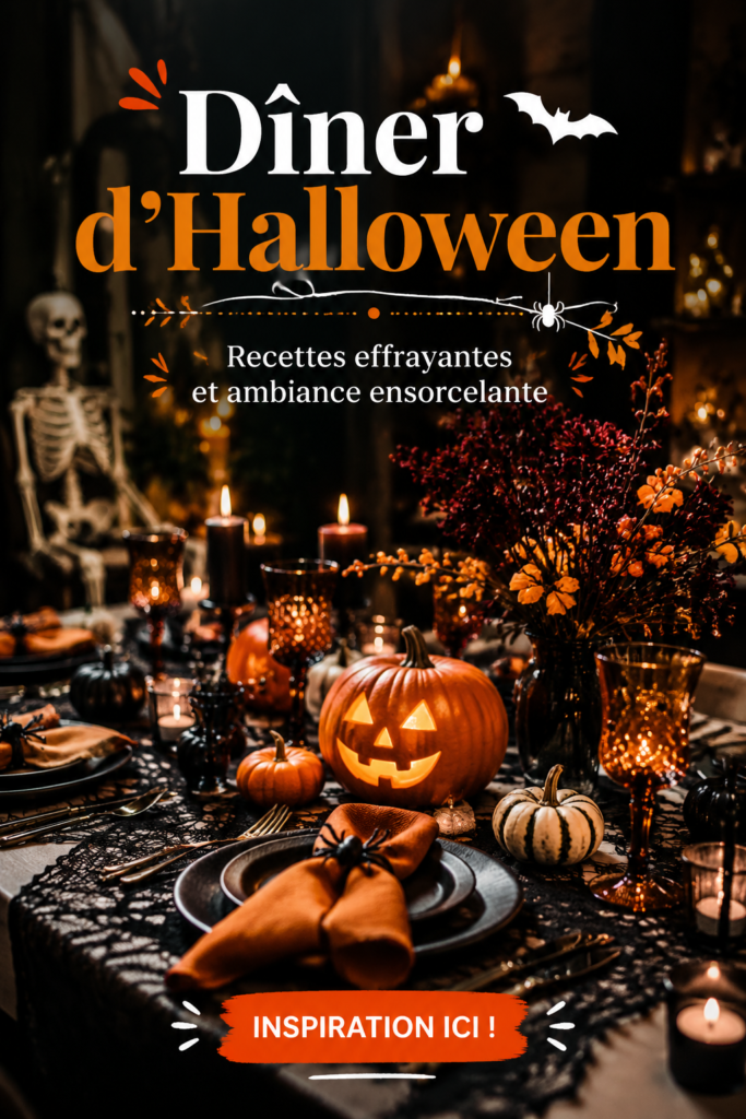 Table décorée pour un dîner d'Halloween avec des décorations thématiques et des plats apétissants