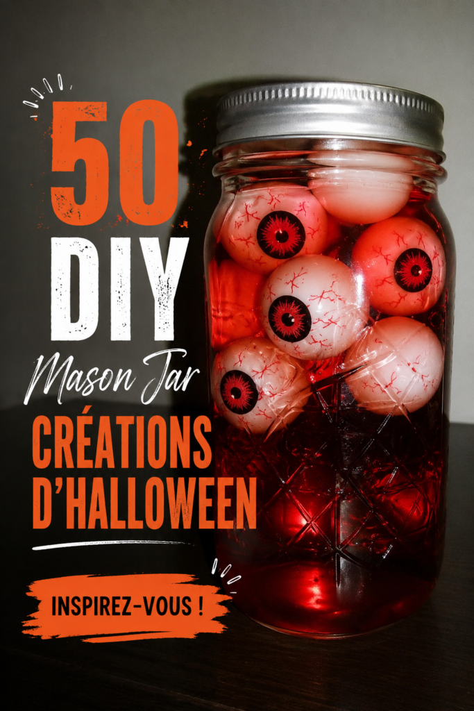 Bocaux en verre décorés pour Halloween avec des lumières et des accessoires évoquant les fêtes.