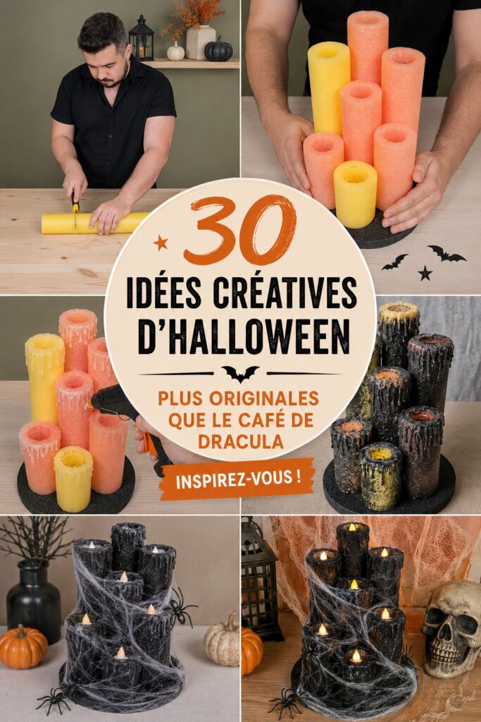 Une table décorée pour Halloween avec des DIY originaux, des citrouilles et des bougies.