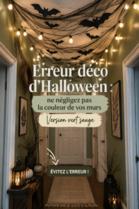 Couloir décoré pour Halloween avec des éléments de décoration et un mur vert sauge