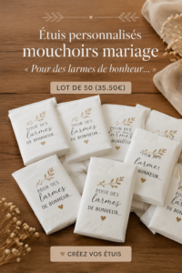 Un mariage décoré avec des étuis à mouchoirs personnalisés pour des larmes de joie.