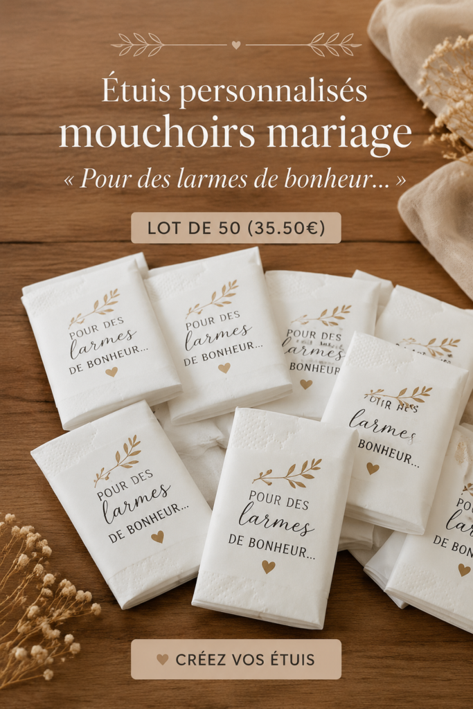 Un mariage décoré avec des étuis à mouchoirs personnalisés pour des larmes de joie.