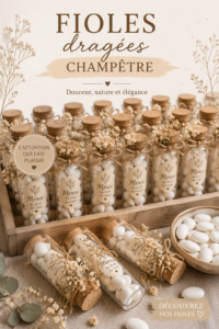 Fioles de dragées champêtres en verre sur une table de mariage