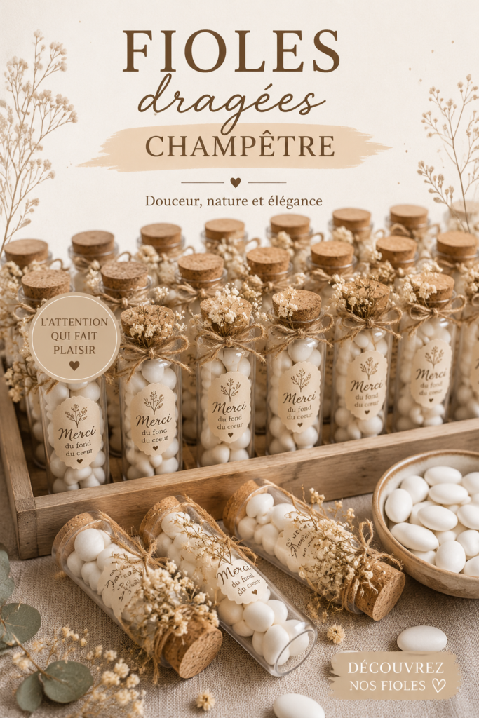 Fioles de dragées champêtres en verre sur une table de mariage