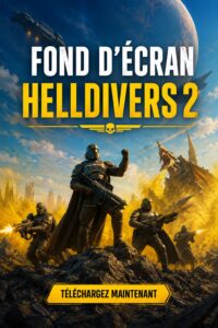 Fond d'écran Helldivers 2 avec des personnages et une ambiance futuriste.