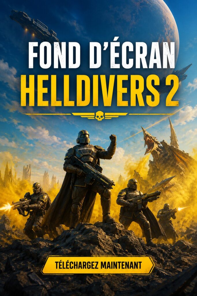 Fond d'écran Helldivers 2 avec des personnages et une ambiance futuriste.