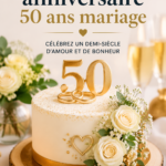 Gâteau d'anniversaire décoré pour un 50ème anniversaire de mariage avec des fleurs et un message
