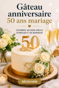 Gâteau d'anniversaire décoré pour un 50ème anniversaire de mariage avec des fleurs et un message