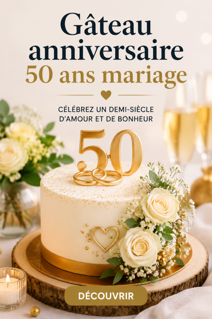 Gâteau d'anniversaire décoré pour un 50ème anniversaire de mariage avec des fleurs et un message