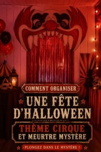 Une fête d'Halloween avec décorations inspirées du cirque, des couleurs vives et une ambiance mystérieuse.