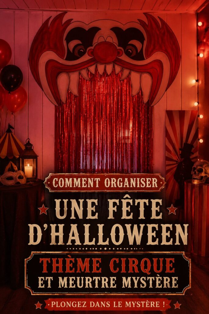 Une fête d'Halloween avec décorations inspirées du cirque, des couleurs vives et une ambiance mystérieuse.