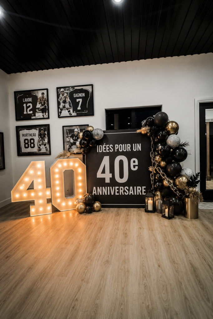 Célébration joyeuse d'un 40e anniversaire avec des décorations festives et des cadeaux