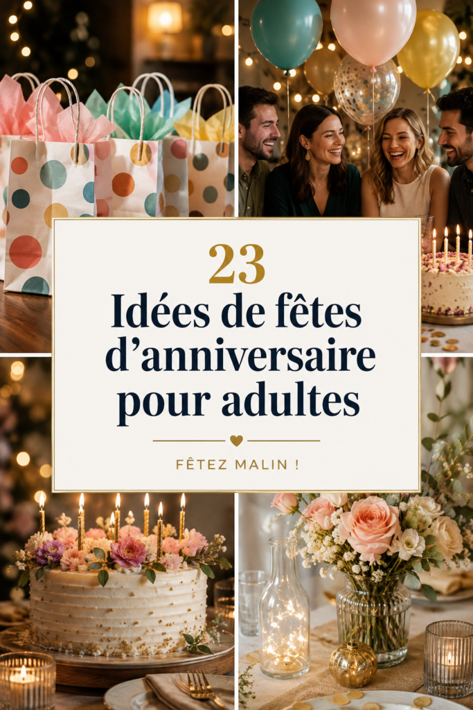 Idées d'anniversaire économiques pour adultes, mettant en avant diverses décorations et ambiances festives.