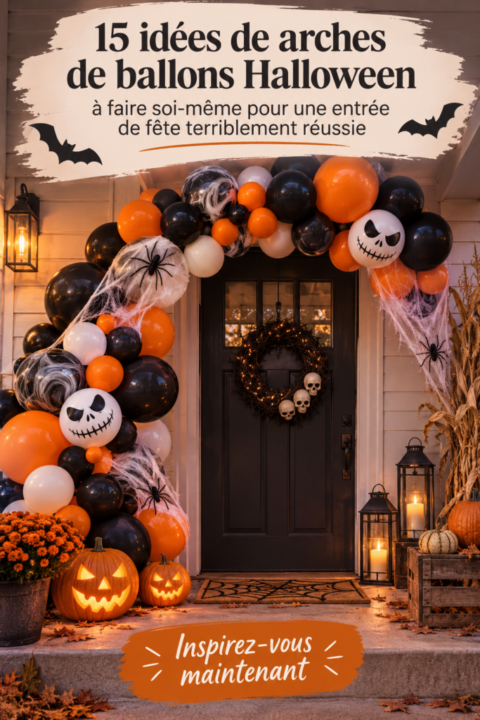 Arc de ballons coloré pour Halloween décorant une entrée de fête.