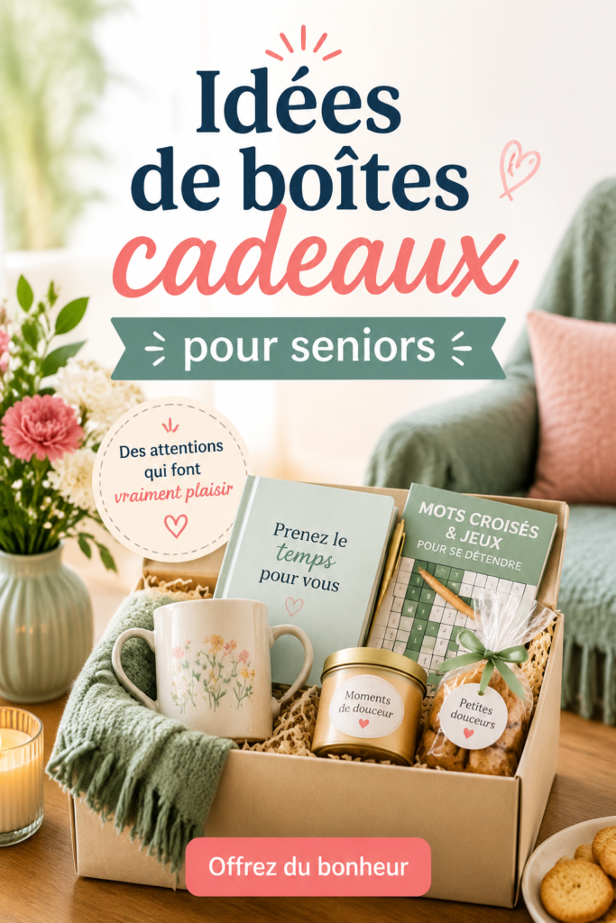 Boîte cadeau colorée pour seniors avec des douceurs et des petits objets