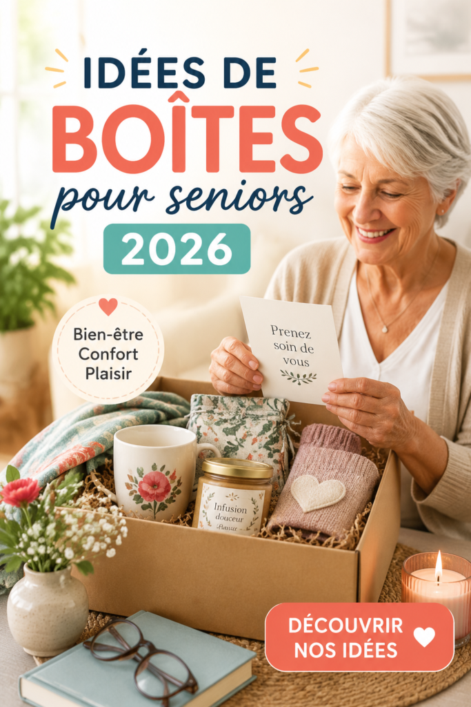 Une boîte à idées colorée ouverte avec des fournitures créatives et des papiers pour seniors.