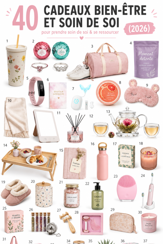 Des idées de cadeaux bien-être sur une table, mettant en avant des produits apaisants et doux.