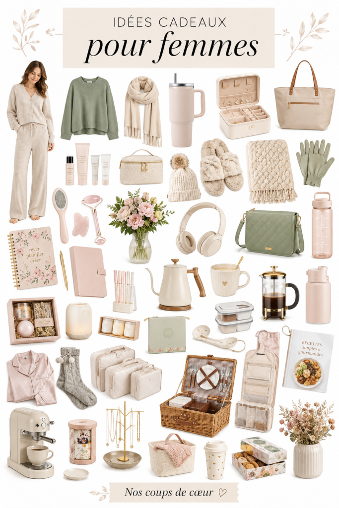 Image de divers cadeaux pratiques pour femmes modernes, incluant livres, bijoux et objets personnels.