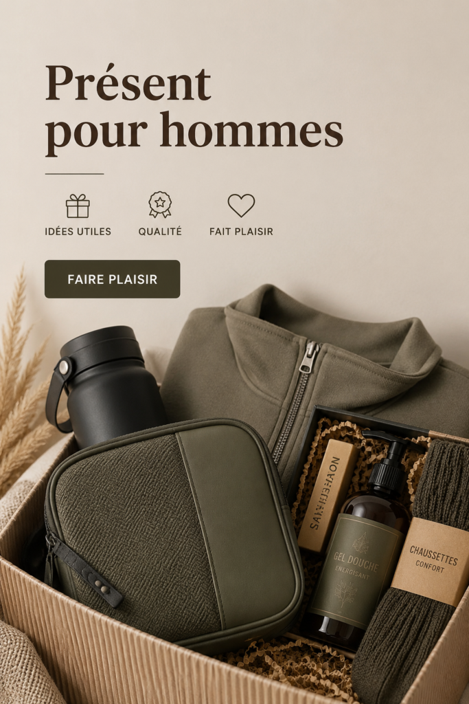 Une sélection de cadeaux pour hommes, présentée sur une table.