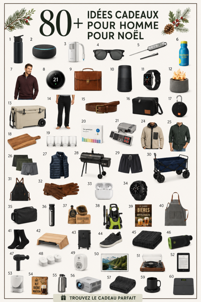 Un assortiment d'idées cadeaux pratiques pour hommes à Noël.