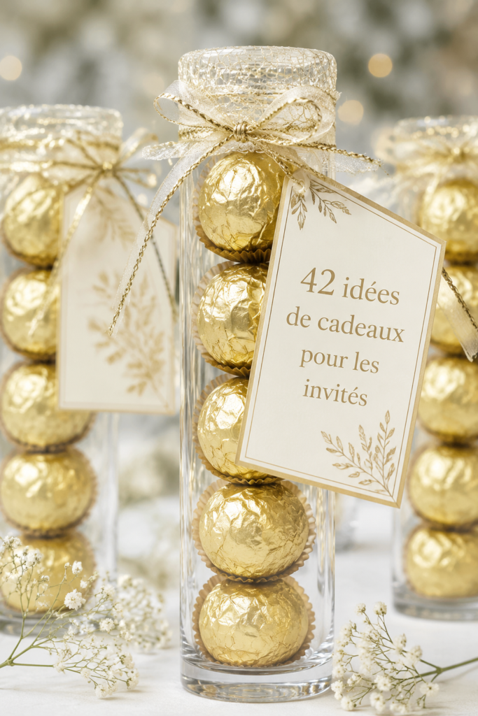 Image d'une table décorée avec divers cadeaux originaux pour les invités.