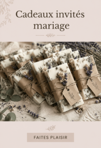 Exemple de cadeaux invités de mariage personnalisés disposés sur une table
