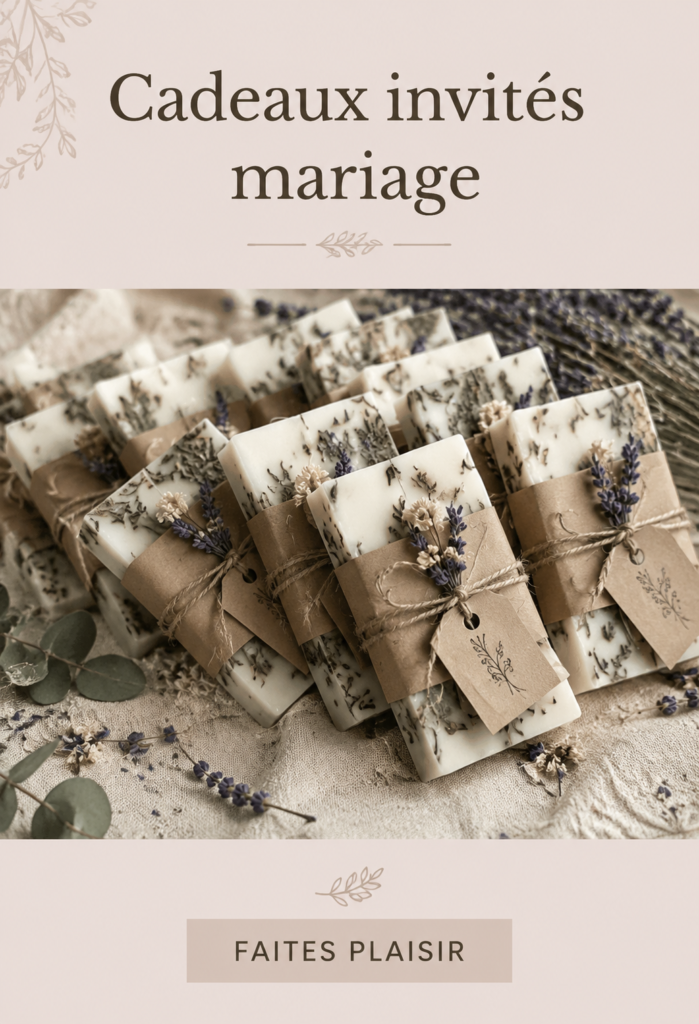 Exemple de cadeaux invités de mariage personnalisés disposés sur une table