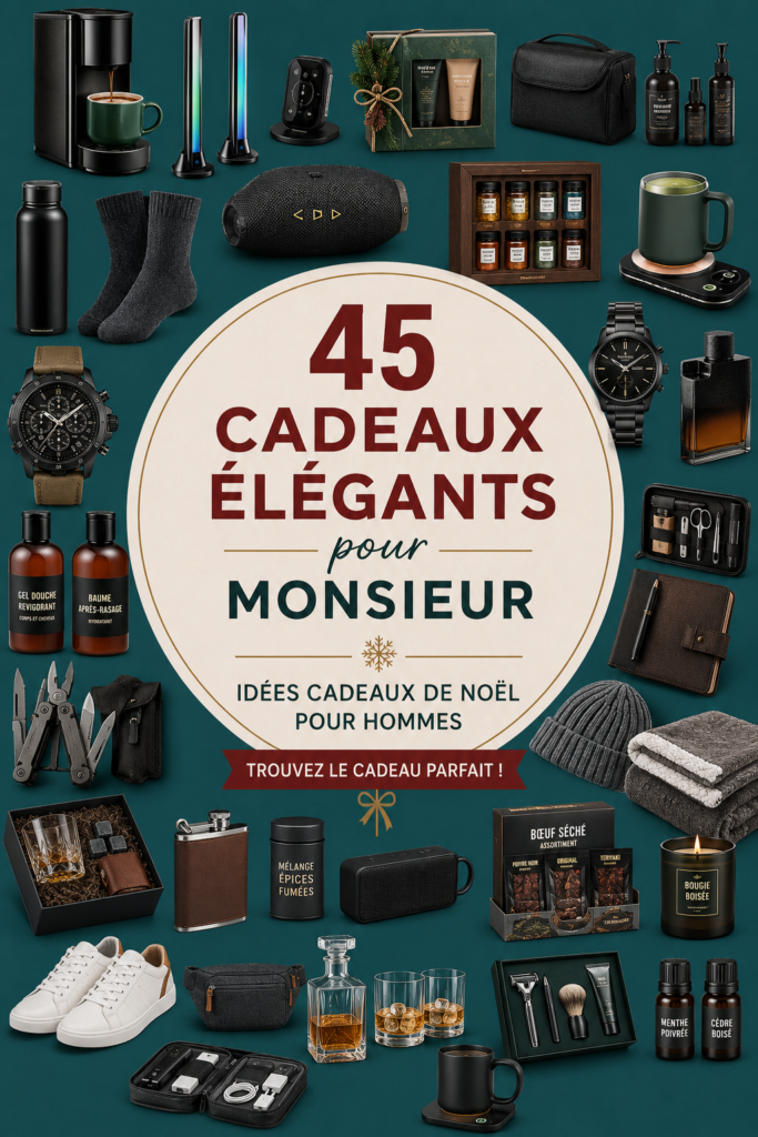 Sélection de cadeaux de Noël pour hommes, incluant divers articles