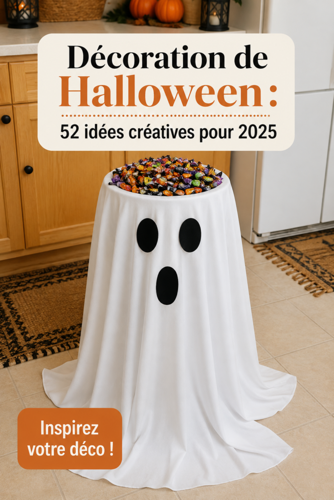 Décoration Halloween créative dans un salon, avec des citrouilles et des guirlandes