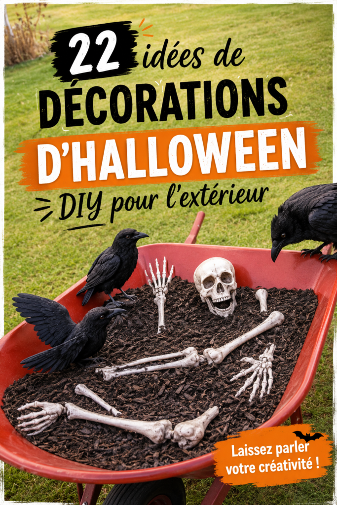 Décorations d'Halloween DIY dans un jardin extérieur, lanternes et citrouilles.