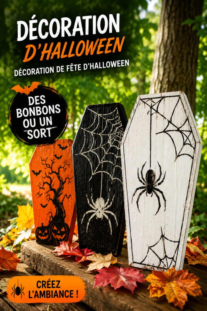 Salle décorée pour Halloween avec citrouilles et toiles d'araignées.