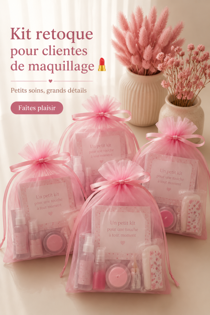 Femme utilisant un kit de retouche maquillage dans un miroir, montrant l'importance d'avoir des produits à portée de main.