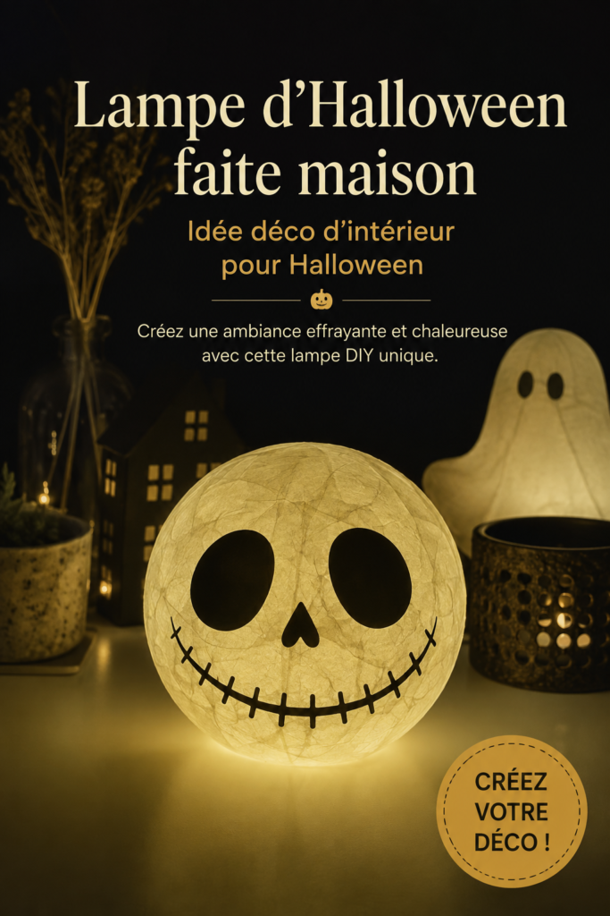 Lampe DIY d'Halloween illuminée dans une pièce sombre, décorée de citrouilles et toiles d'araignée